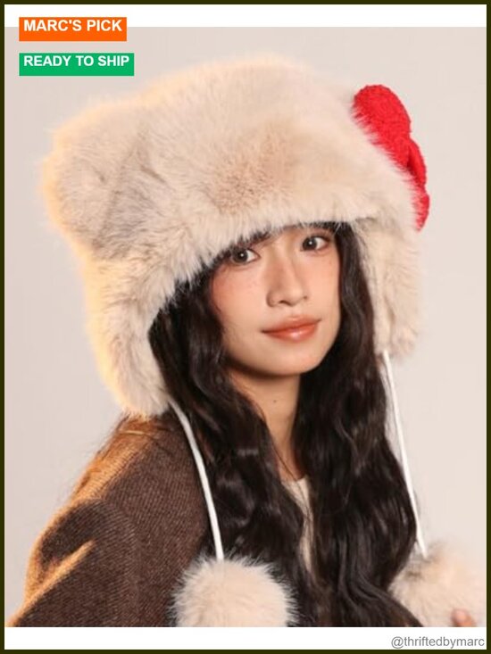 Faux Fur Trapper Hat with Animal Ears Winter Sherpa Beanie for Women
